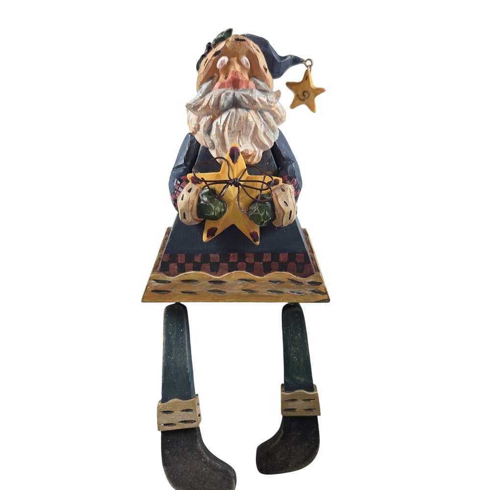 Folk Art Santa Shelf Sitter Dangling Legs Wood Christmas Rustic Mantel Decor